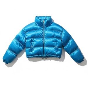 POSTER GIRL Blue Satin Rhinestone Cropped Puffer Snow Bunny Jacket‎
